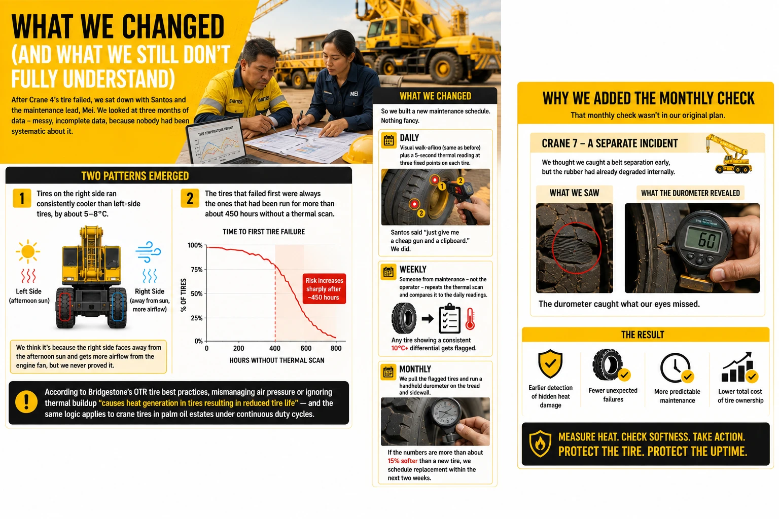 belt separation prevention: Infographic of daily thermal mapping, weekly differential check, and monthly durometer test based on field data from RUNGOLD bias-ply crane tires in a palm oil estate