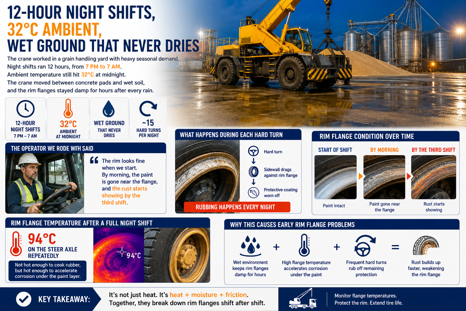 Rim flange corrosion: 94&deg;C flange temperature after night shift, paint worn off by morning, rust by third shift